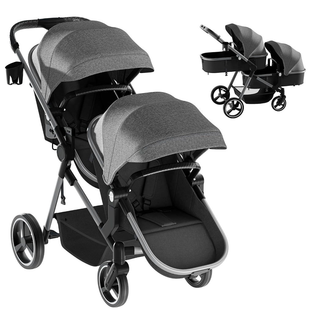 MU Double Stroller, Foldable Twin Tandem Stroller with Adjustable Backrest, Reversible Seat, 5-Point Harness, Storage Basket, Convertible Baby Bassinet for Infant and Toddler, Gray
