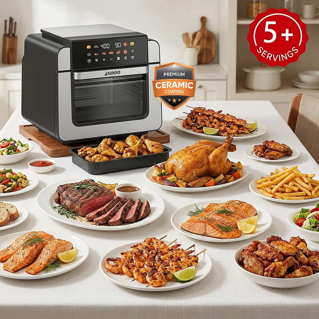 16 Qt Air Fryer Toaster Oven Combo with PFAS-Free Ceramic Coating and Viewing Window, XL 9-In-1 Convection Oven, Top 1700W Bottom 1500W, 180°F-400°F, Bake Dehydrate, Nonstick Tray, Black