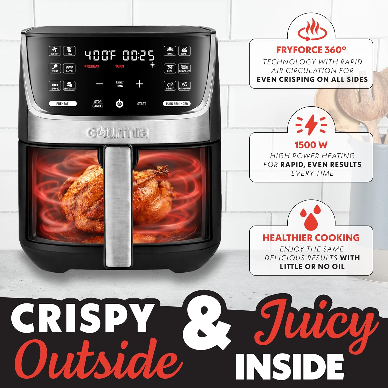 Gourmia Air Fryer - 7 Qt Large Capacity with LED Display, 12 One-Touch Presets, FryForce 360° Technology, Nonstick Dishwasher-Safe Basket & Crisper Tray, Stainless Steel