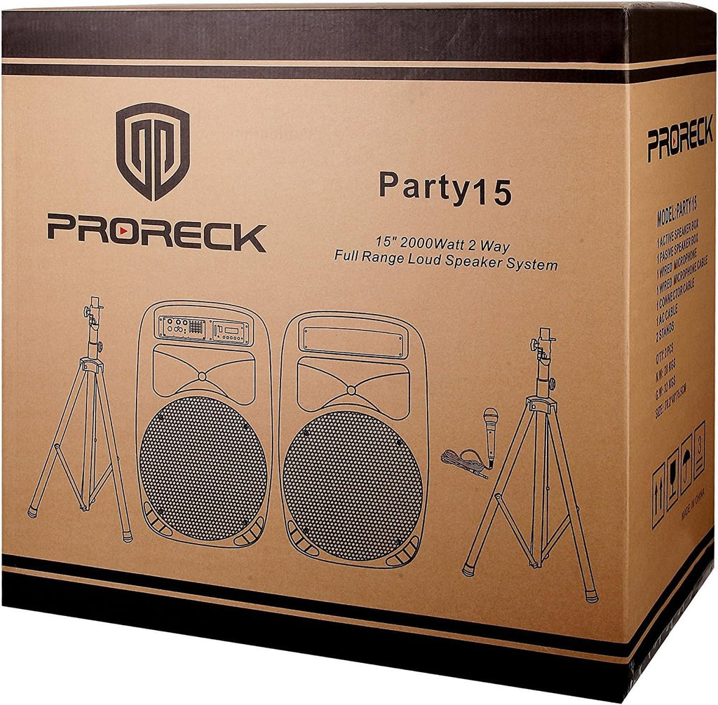 PRORECK Party 15 Portable 15-Inch 2000 Watt 2-Way Powered PA Speaker System Combo Set with Bluetooth/USB/SD Card/FM/Remote Control/LED Light for Indoor, Outdoor DJ Parties, Karaoke
