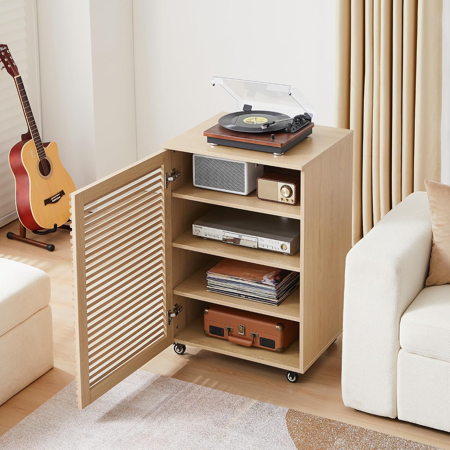 LEVNARY 5-Tier AV Media Cabinet with Grille Door & Adjustable Shelves, Modern Wooden Stereo Rack with Cable Management & Wheels, Audio Video Stand for Living Gaming Room Recording Studio (Natural)