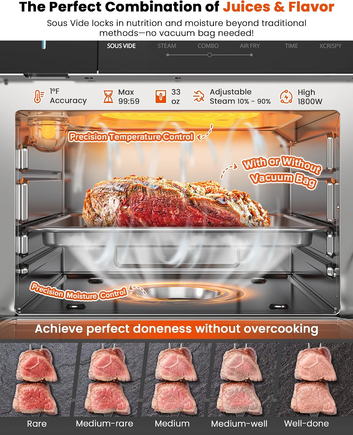 Nuwave Combi Steam Oven, Non-Toxic Stainless Steel Multi-Cooker with Air Fry, Sous Vide, Toast & More, 50-450°F Precision, 120 Presets, Moisture Control, Programmable, Easy to Clean, 16 quarts