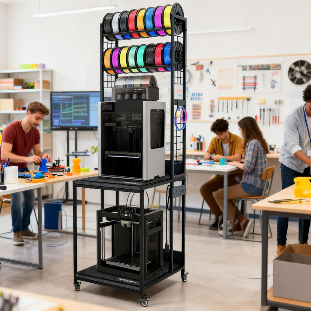 Heavy Duty PRT22 3D Printer Stand with Power Hub, High Density Polymer Vibration Damping Pads, Elevated Storage & Locking Wheels for Most Large Printers