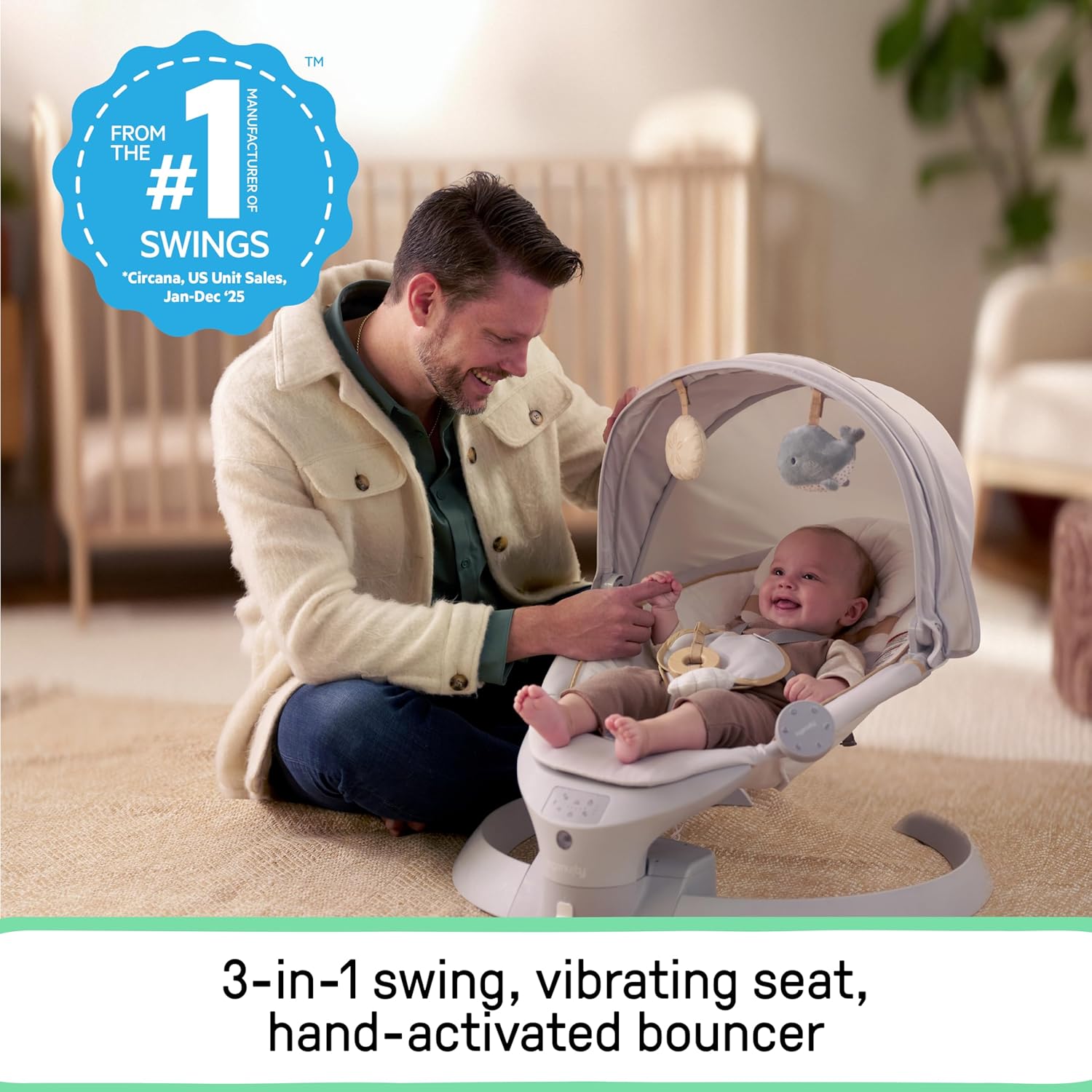 Ingenuity Inlighten Bounce & Sway Swing, Bluetooth Music, Canopy with Lights & Toys, Touch & Remote Controls, 3-in-1 Seat Modes, Machine Washable Pad, Ages 0+ Pebble Shore