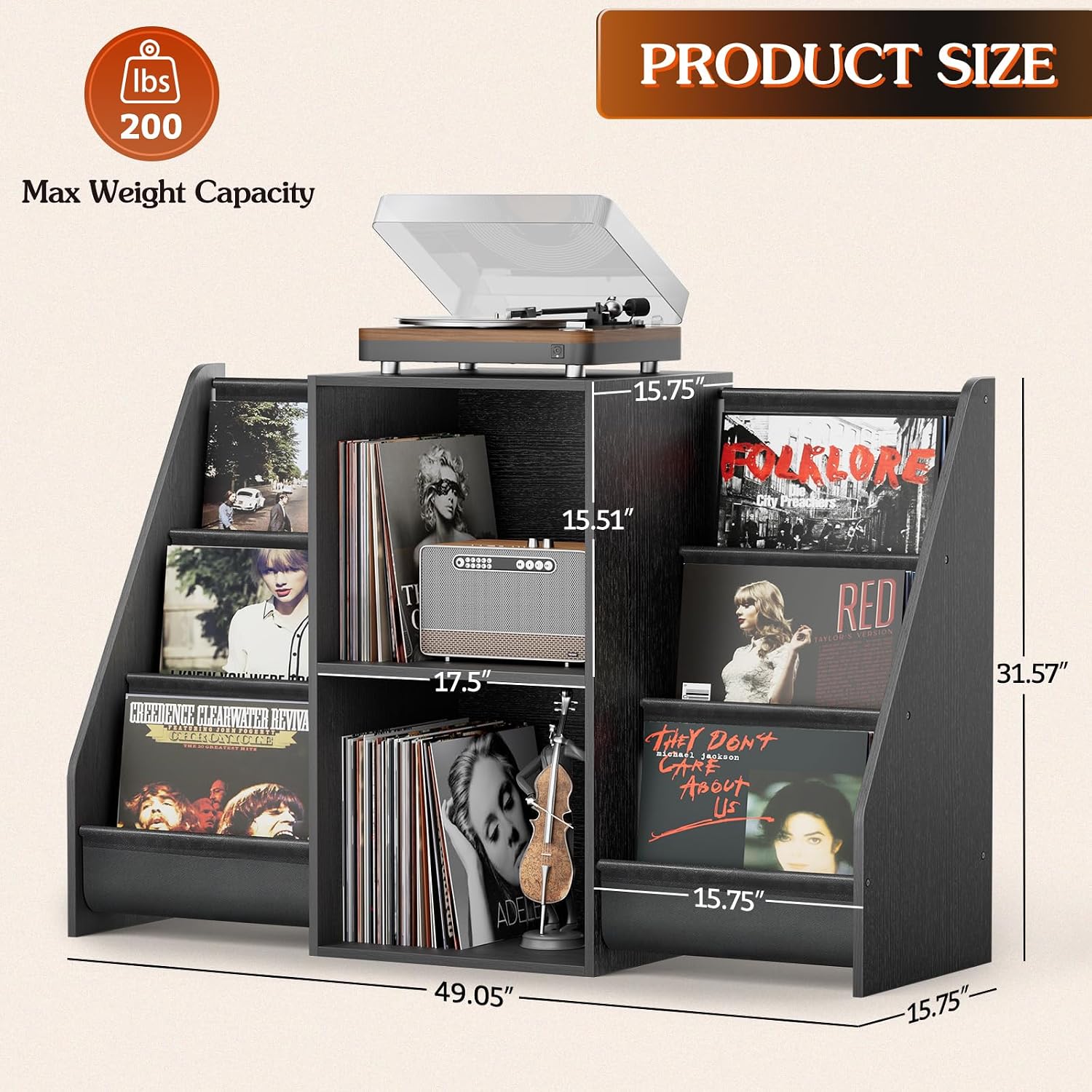 Record Player Stand, Turntable Stand with Vinyl Record Storage 300 Albums, Record Player Table with Record Holder Vinyl Display Shelf Organizer Rack, Record Player Cabinet for LP Media Stereo Audio AV