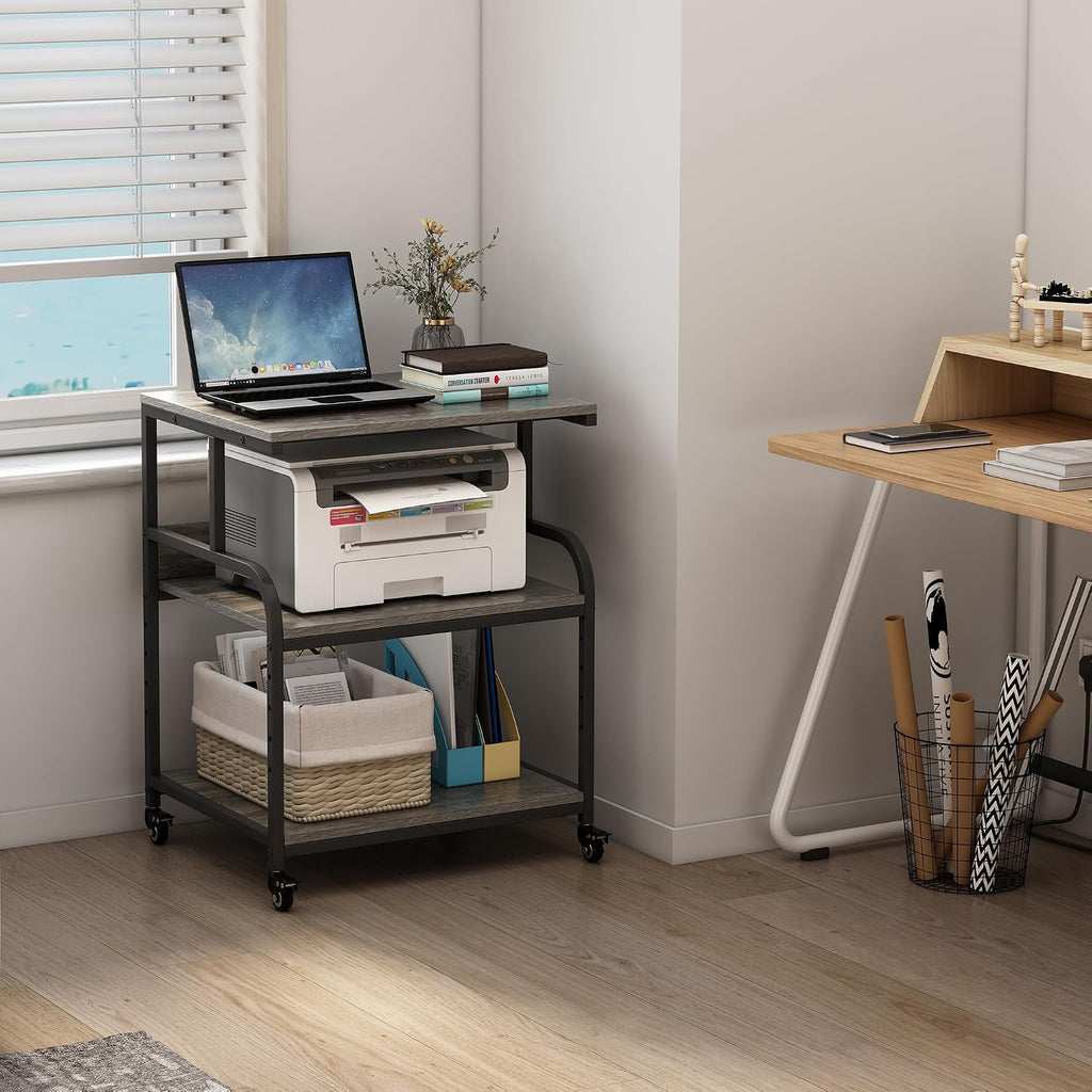 Fannova Large Printer Stand Table 23.6 x18.9 x 30 Inches with Height Adjustable Storage Shelf, 3 Tier Rolling Printer Cart with Wheels for Home Office, Gray