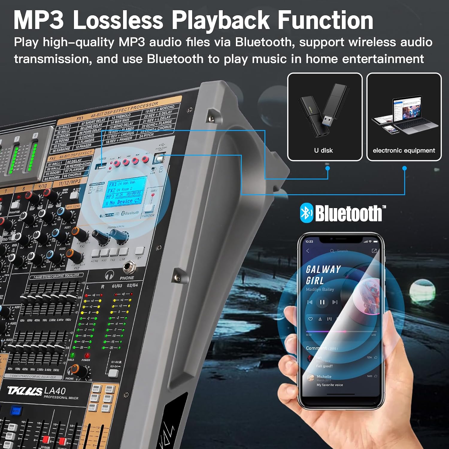 16 Channel Live Sound Audio Mixer with USB Interface, Mixing Console with 48V Phantom Power, 99 DSP Effects, XLR Inputs, DJ Mixer for Events, Stage, Band