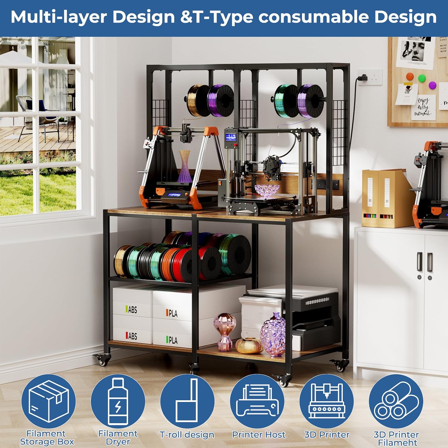 Double 3D Printer Stand with Filament Storage, Heavy-Duty Metal & MDF Dual Printer Workbench, T-Type Filament Holders, Lockable Wheels, Mobile 3D Printing Workstation for Home Studio & Workshop
