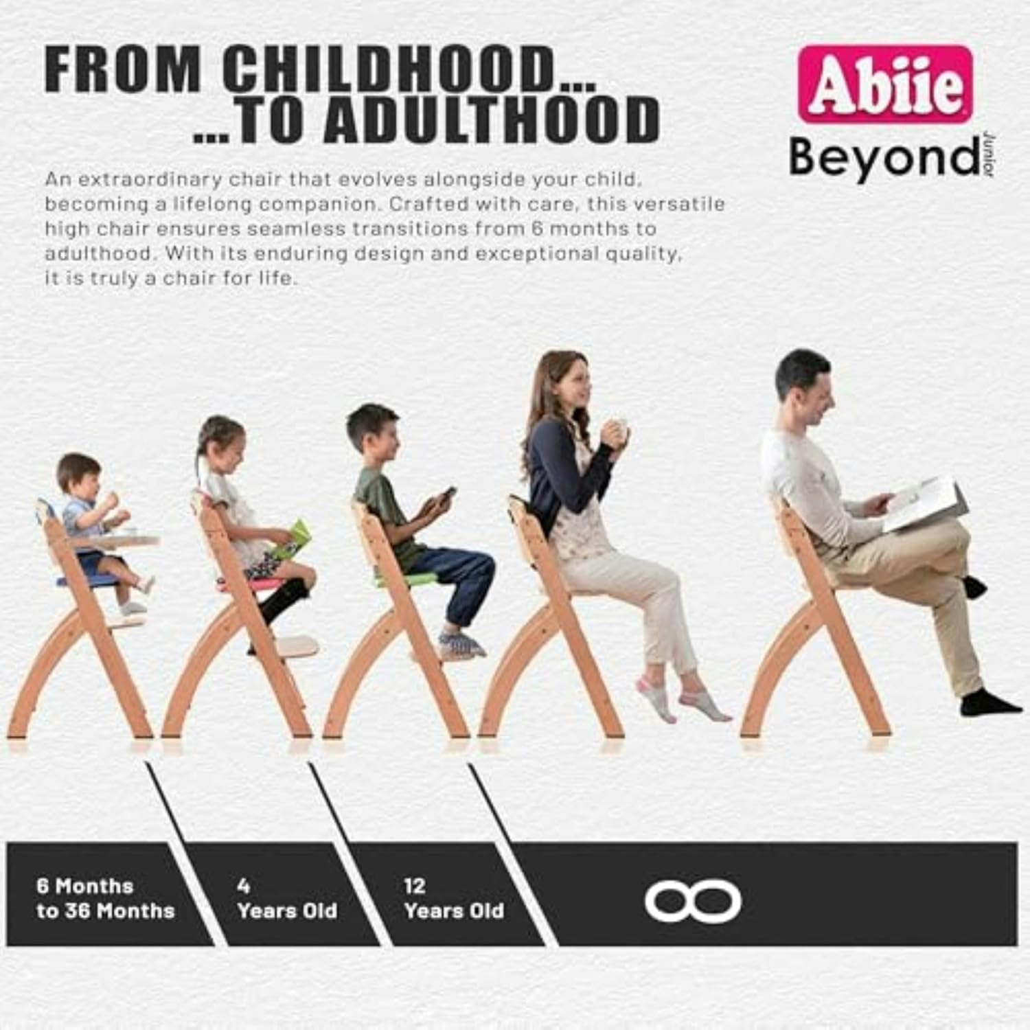 Abiie Beyond Junior Wooden High Chair for Babies and Toddlers - Convertible 3-in-1 Baby Highchair with Removable Tray - 6 Months to 250 Lb - Water Resistant - Natural Wood/Olive Cushion