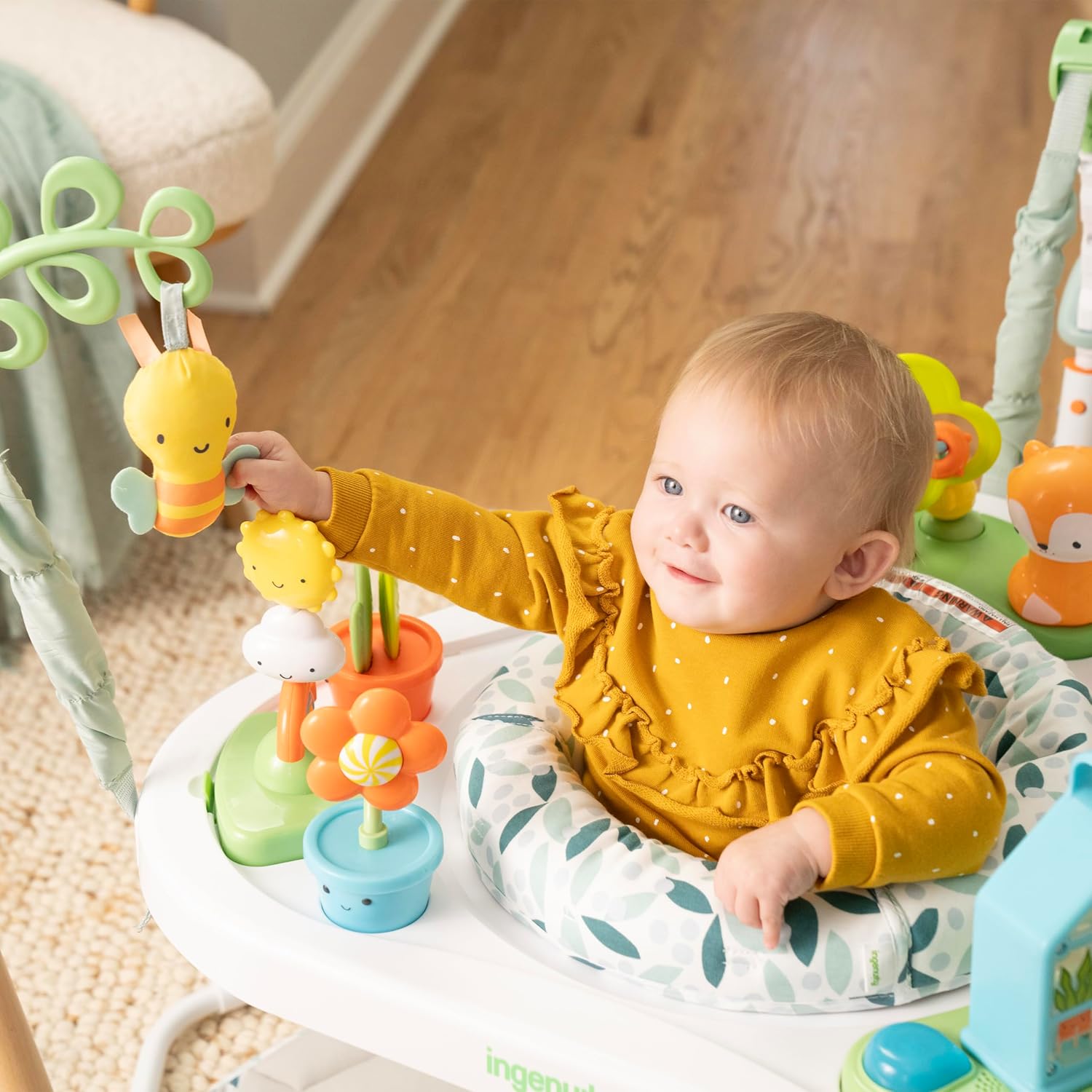 Ingenuity 3-in-1 Baby Jumper and Activity Center with Lights and Sounds – Converts to Toddler Play Table, 4 Adjustable Heights, Wood Legs, Ages 4 Months to 3 Years