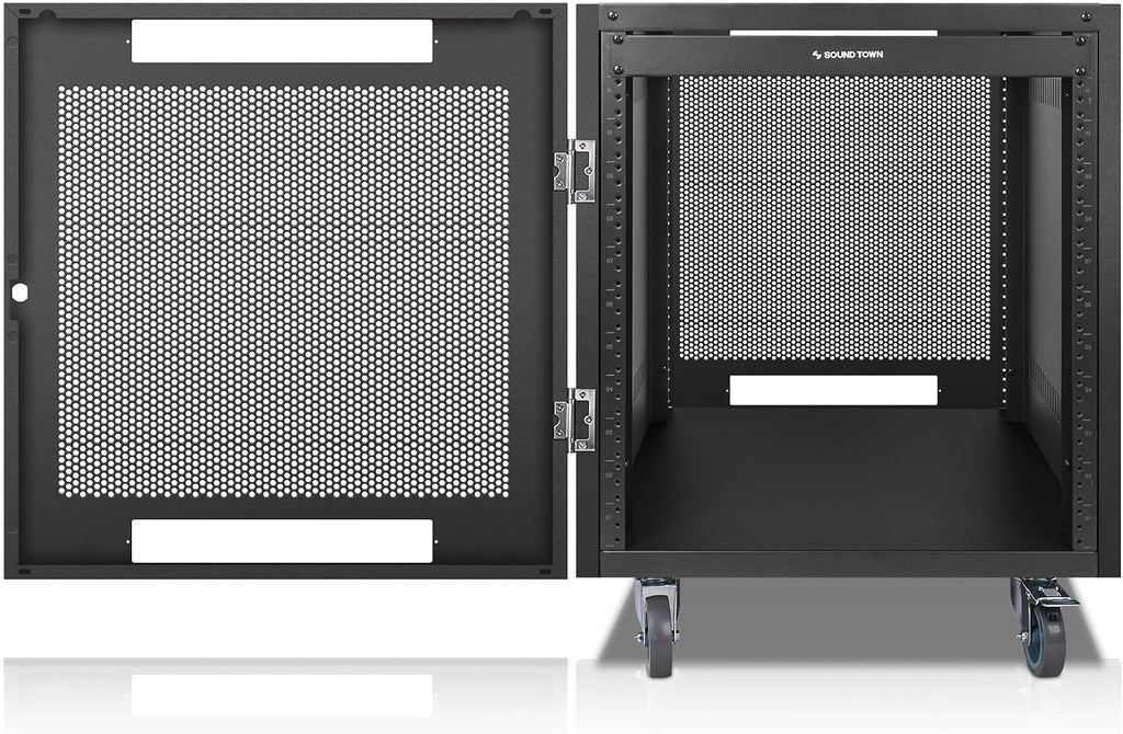 Sound Town 12U Universal Steel Rack, w/Mesh Doors, Locking Casters, Vented Side Panels for Audio Video, Server and Network Equipment (STRK-M12UWD)