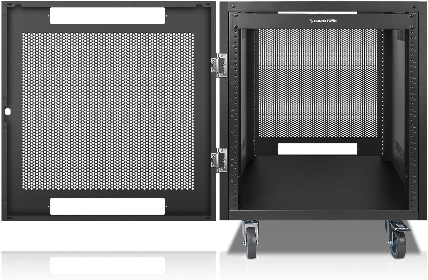 Sound Town 12U Universal Steel Rack, w/Mesh Doors, Locking Casters, Vented Side Panels for Audio Video, Server and Network Equipment (STRK-M12UWD)
