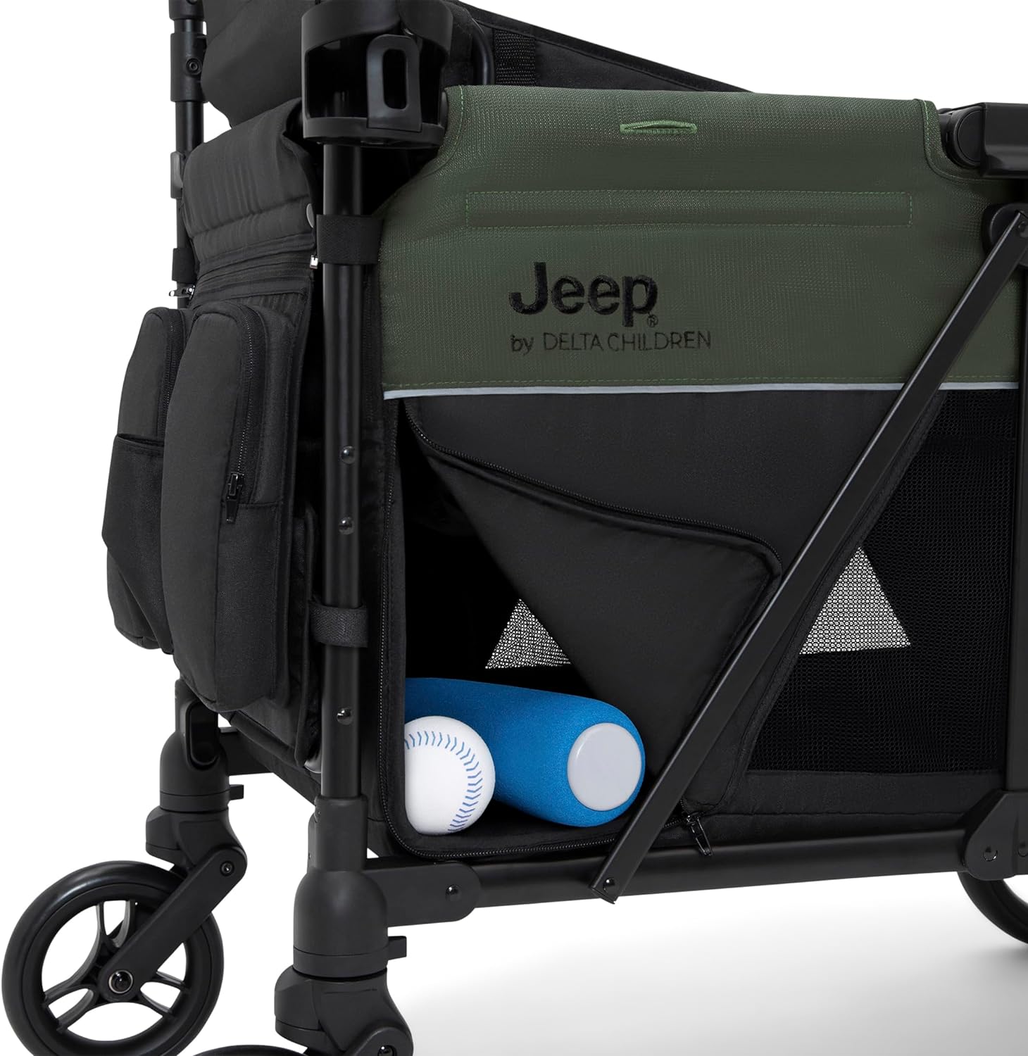 Jeep Aries Stroller Wagon by Delta Children Premium Wagon for 2 Kids with Convertible Seats, Adjustable Push/Pull Handles, Removable Canopy & Flat Fold - Greenguard Gold Certified, Black/Green