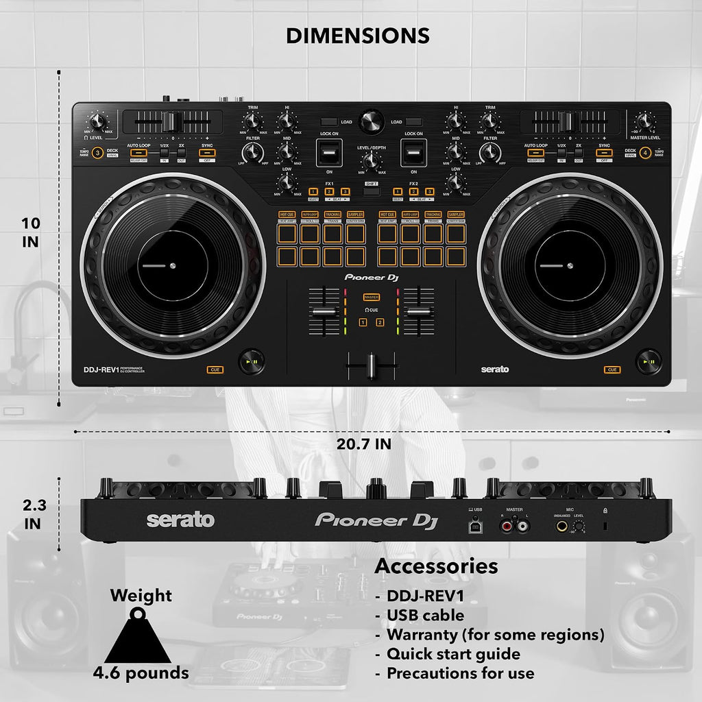 Pioneer DDJ-REV1 Scratch-Style 2-Channel DJ Controller for Serato DJ Lite - Black Bundle with Laptop Stand, Headphones and, Austin Bazaar Polishing Cloth