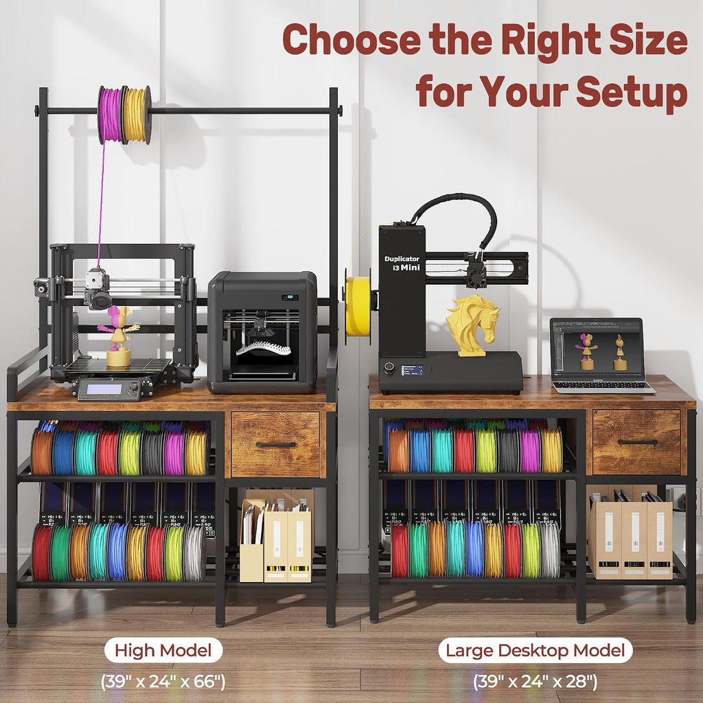 3D Printer Stand with Filament Storage – Tall 66' Heavy Duty Metal 3D Printer Table with Power Hub, Drawer & X-Bracket Stability for Workshop, Studio, Office