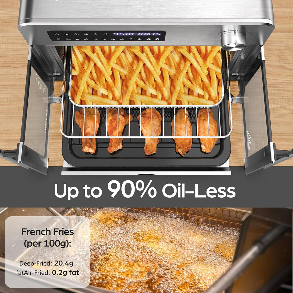 OSTBA French Door Air Fryer Toaster Oven Combo, 102 Recipes & 7 Accessories Extra Large Airfryer Convection Oven Countertop 10-in-1, 30% Faster 90% Less Oil, Stainless Steel
