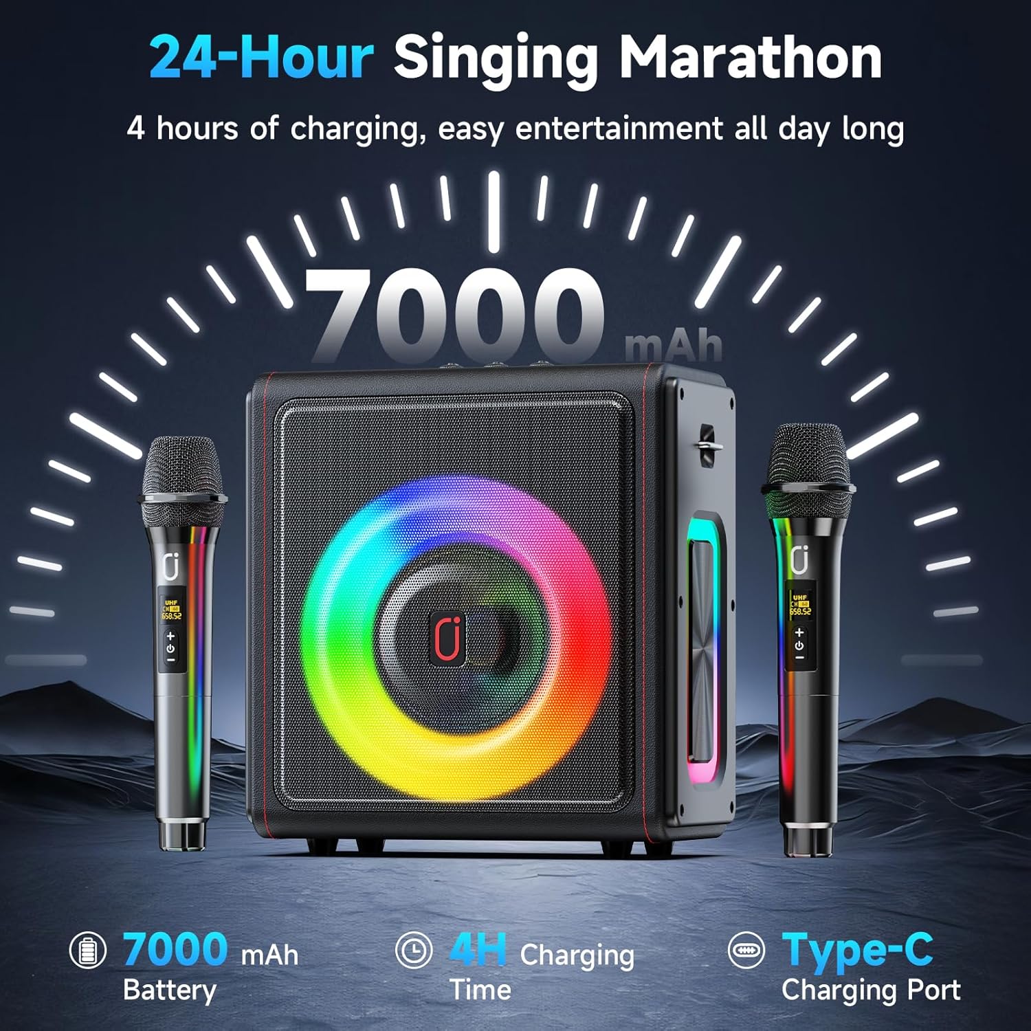 Karaoke Machine, Portable Bluetooth 5.3 Speaker with 3 Wireless Microphones for Adults, PA System with Pitch Correction & Echo Adjustment, Supports TWS/TF Card/USB/AUX/Live for Home Party (3MICS)