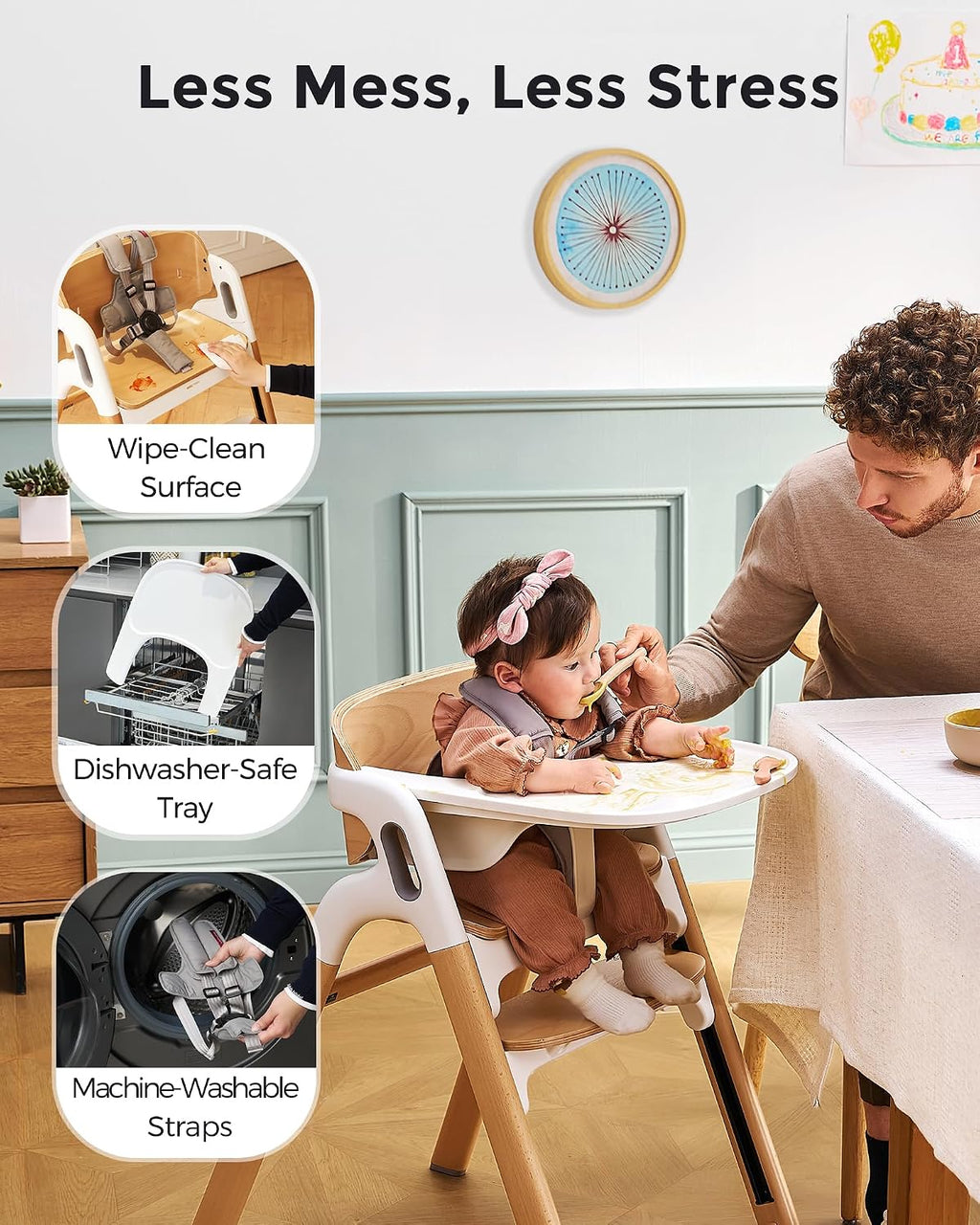 Momcozy DinerPal Wooden High Chair for Babies, Toddlers & Adults Up to 308 Lbs, Convertible Baby Highchair with Food-Grade Tray, Dishwasher-Safe, Adjustable & Ergonomic, Natural Wood