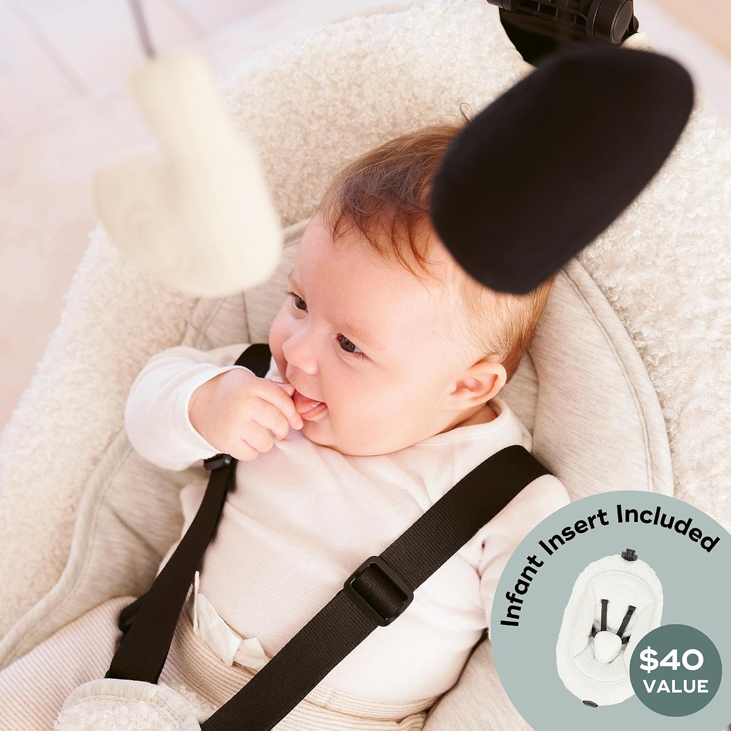 Babymoov Swoon Evolution Smart Baby Swing, Bluetooth-Connected, 8 Motions, 360° Reclining Seat, Music Streaming, Voice Recording, Mobile App Control, Infant Insert Included, Curly White