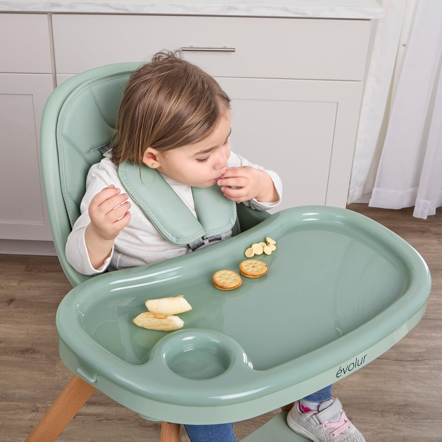 Evolur Zoodle 2-in-1 High Chair for Baby & Toddler – Convertible High Chair to Toddler Chair, Padded Seat, 5-Point Safety Harness, Dual Dishwasher-Safe Trays, Solid Beechwood Legs – Sage Green