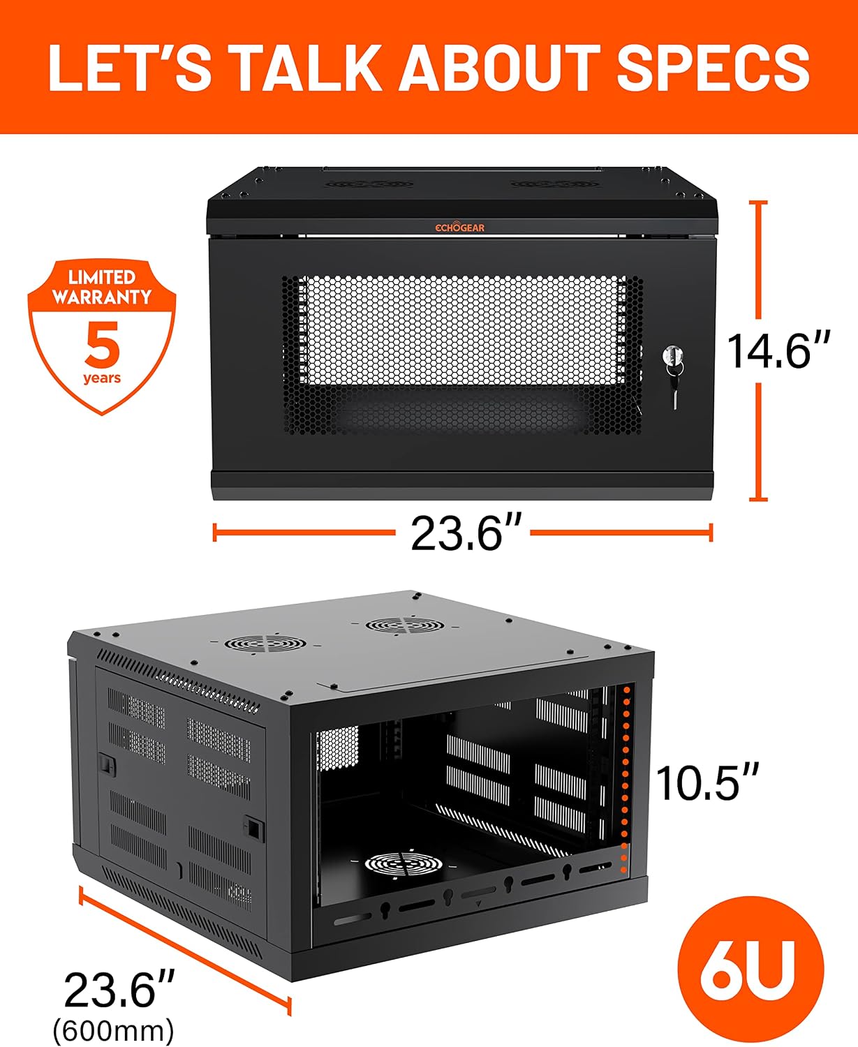 ECHOGEAR 6U Network Rack - Enclosed Wall Mount Rack Kit Includes 2x 1U Shelves, Pre-Mounted Fan, Lockable Door & Hardware - 600mm Depth Fits All Your AV Gear