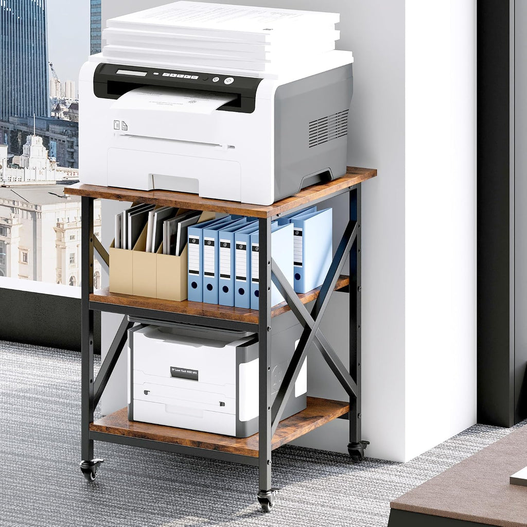 3 Tier Printer Stand, Large Table with Wheels, Rolling Cart with Height Adjustable Middle Storage Shelf, 23.6 x 23.6 x 30.3 Inches Shelf for Home Office, Vintage Brown