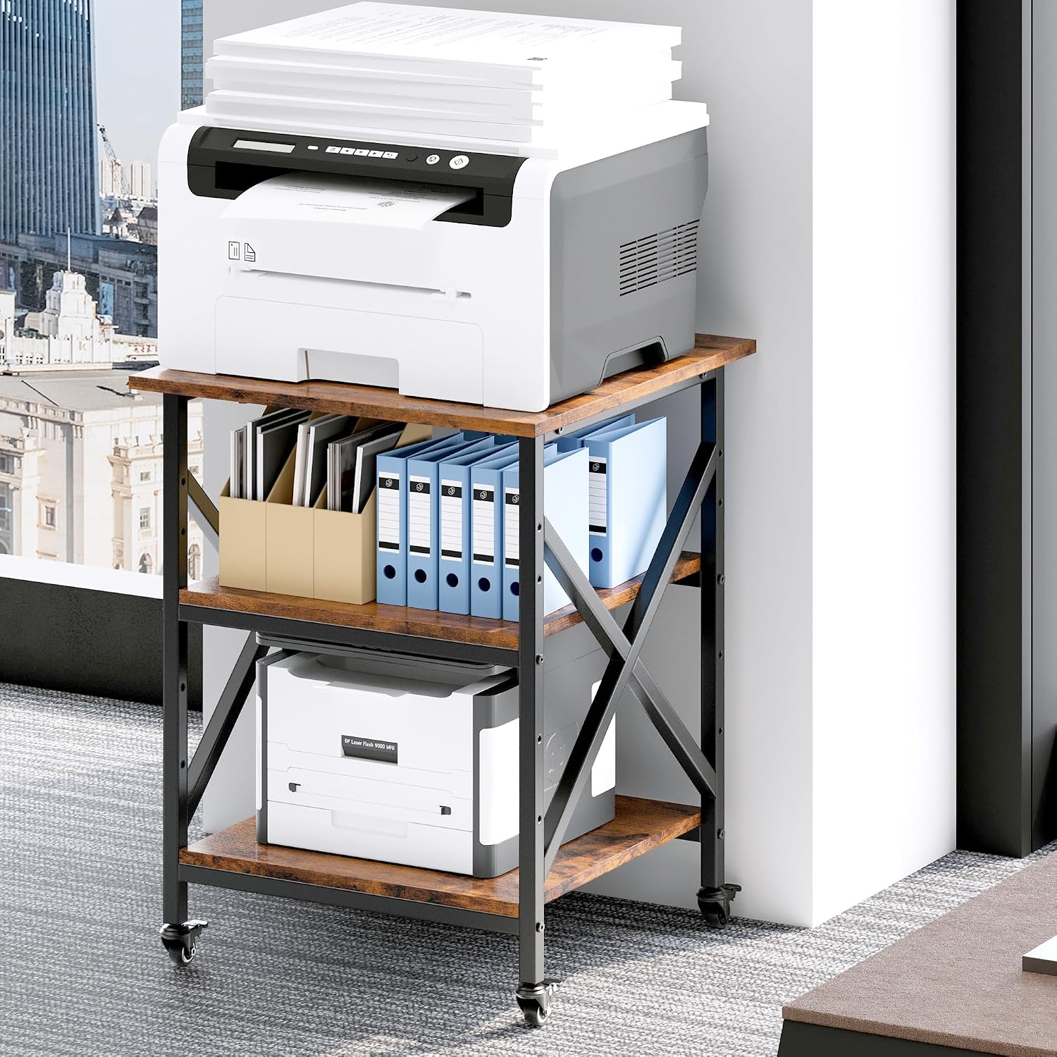3 Tier Printer Stand, Large Table with Wheels, Rolling Cart with Height Adjustable Middle Storage Shelf, 23.6 x 23.6 x 30.3 Inches Shelf for Home Office, Vintage Brown