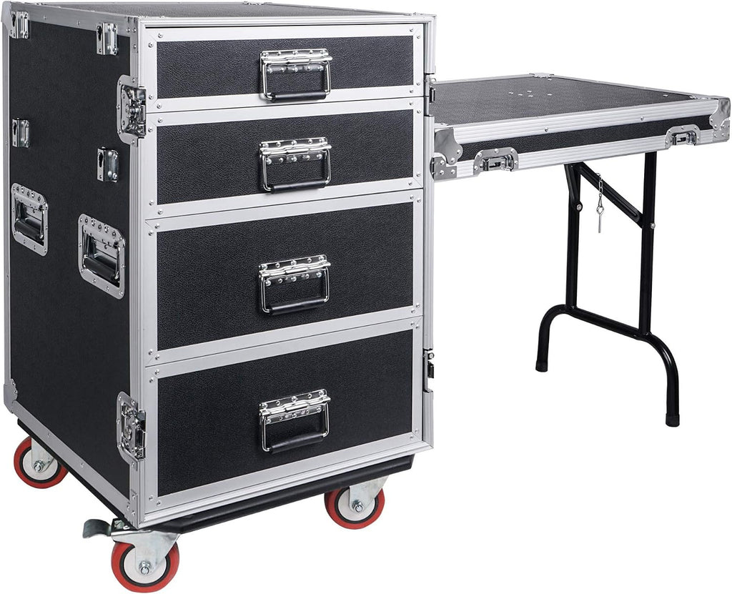 Sound Town Enhanced Thickness 1/2' (12mm) Plywood Road Case with 4-Drawer and Table for Customizable Stage and Studio Utility Equipment Storage, Pro Tour Grade (STRC-PROWT4D)