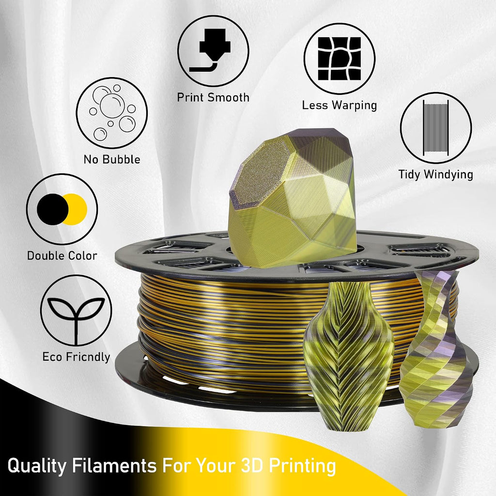 MIKA3D 1KG Silk Shiny Gold Black PLA Dual Color Co-Extrusion 3D Filament, 2 Colors in 1 3D Filament, 1KG 3D Printing Material with Bicolor Dichromatic Double Colors, Widely Fit for 3D Printer