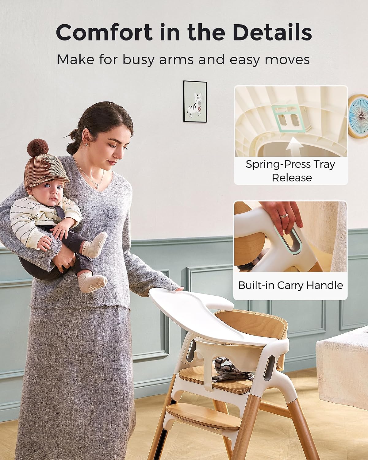 Momcozy DinerPal Wooden High Chair for Babies, Toddlers & Adults Up to 308 Lbs, Convertible Baby Highchair with Food-Grade Tray, Dishwasher-Safe, Adjustable & Ergonomic, Natural Wood