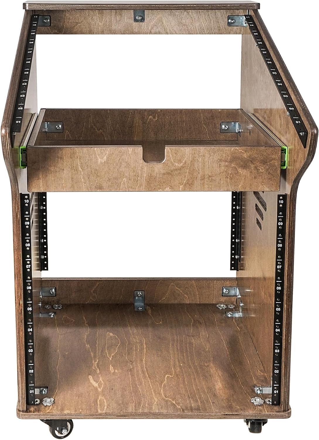 Sound Town DIY Solid Baltic Birch Plywood Studio Rack with 11U Slant Mixer Top, 10U Front, 2U Drawer, Rubber Feet, Casters, Weathered Brown (SDRK-M11X10B)