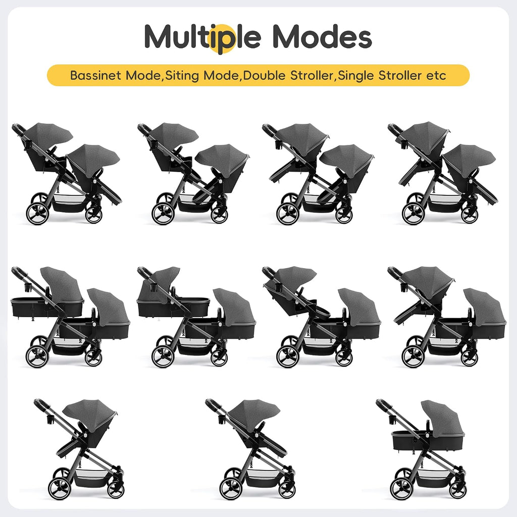MU Double Stroller, Foldable Twin Tandem Stroller with Adjustable Backrest, Reversible Seat, 5-Point Harness, Storage Basket, Convertible Baby Bassinet for Infant and Toddler, Gray