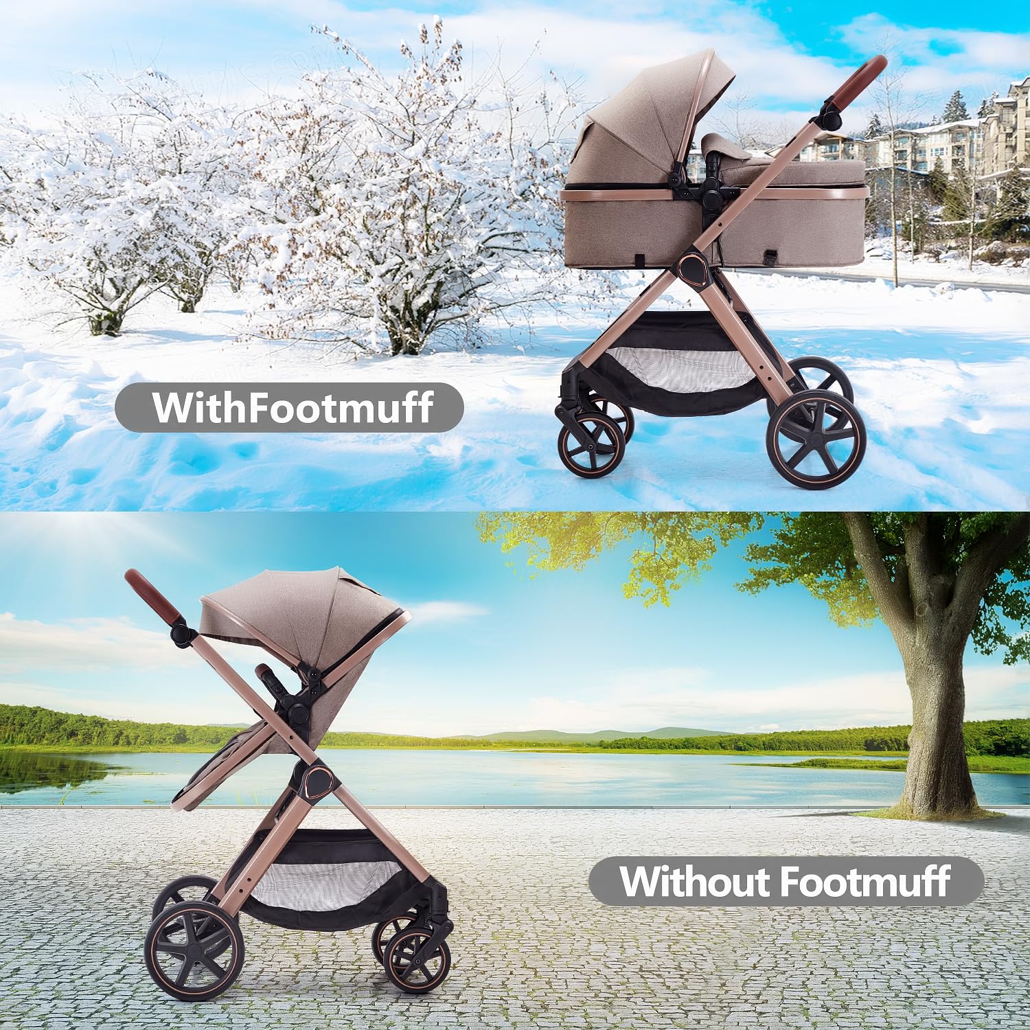 Lortsybab 2 in 1 Baby Stroller, Newborn Infant Toddler Convertible Pram Stroller for 0-36 Months Old Babies (Beige)