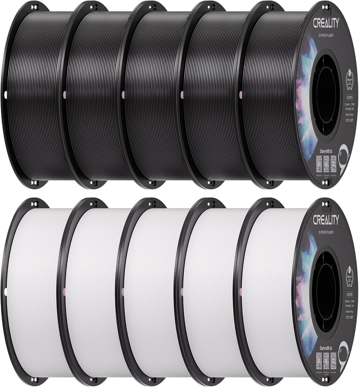 Creality 10 kg Black & White PETG 1.75mm Filament, 3D Printer Filament Bundle, Excellent Toughness High Precision, Odorless Non-Toxic Moistureproof, Glossy, Accuracy +/- 0.02mm