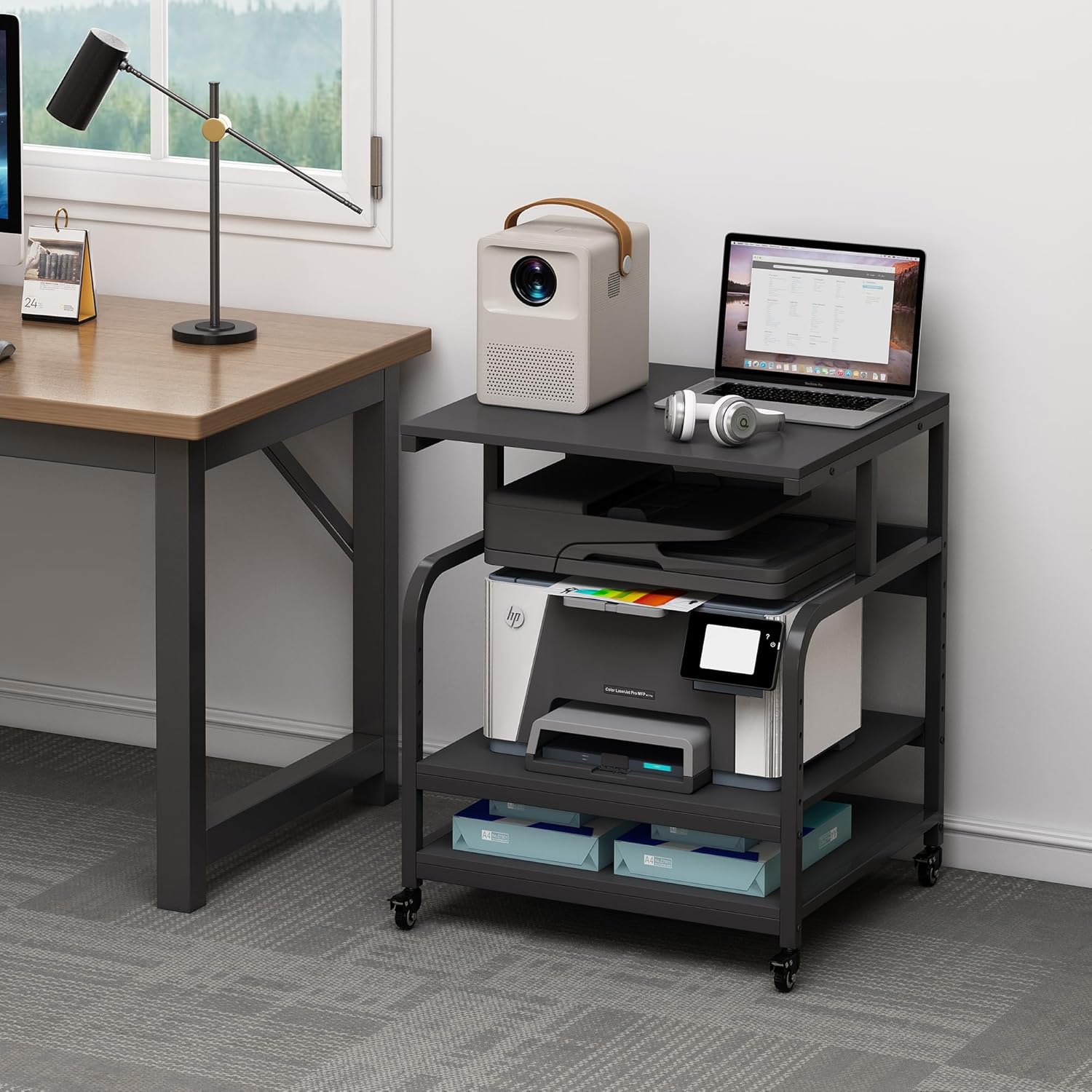 Fannova 25.6' x 23.6' Extra Large Printer Stand Table with Adjustable Storage Shelf, 3 Tier Rolling Printer Cart with Industrial Wheels for Home Office, Black