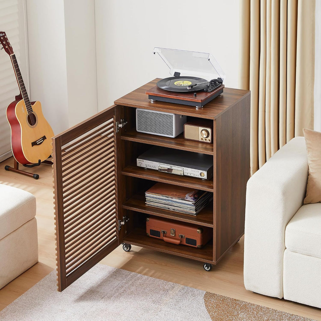 LEVNARY 5-Tier AV Media Cabinet with Grille Door & Adjustable Shelves, Modern Wooden Stereo Rack with Cable Management & Wheels, Audio Video Stand for Living Gaming Room Recording Studio (Walnut)