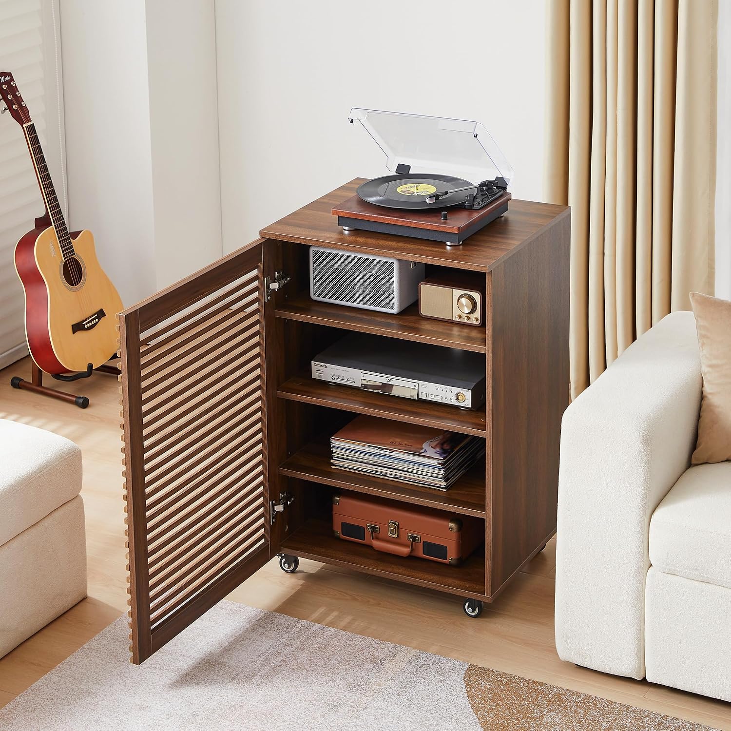 LEVNARY 5-Tier AV Media Cabinet with Grille Door & Adjustable Shelves, Modern Wooden Stereo Rack with Cable Management & Wheels, Audio Video Stand for Living Gaming Room Recording Studio (Walnut)