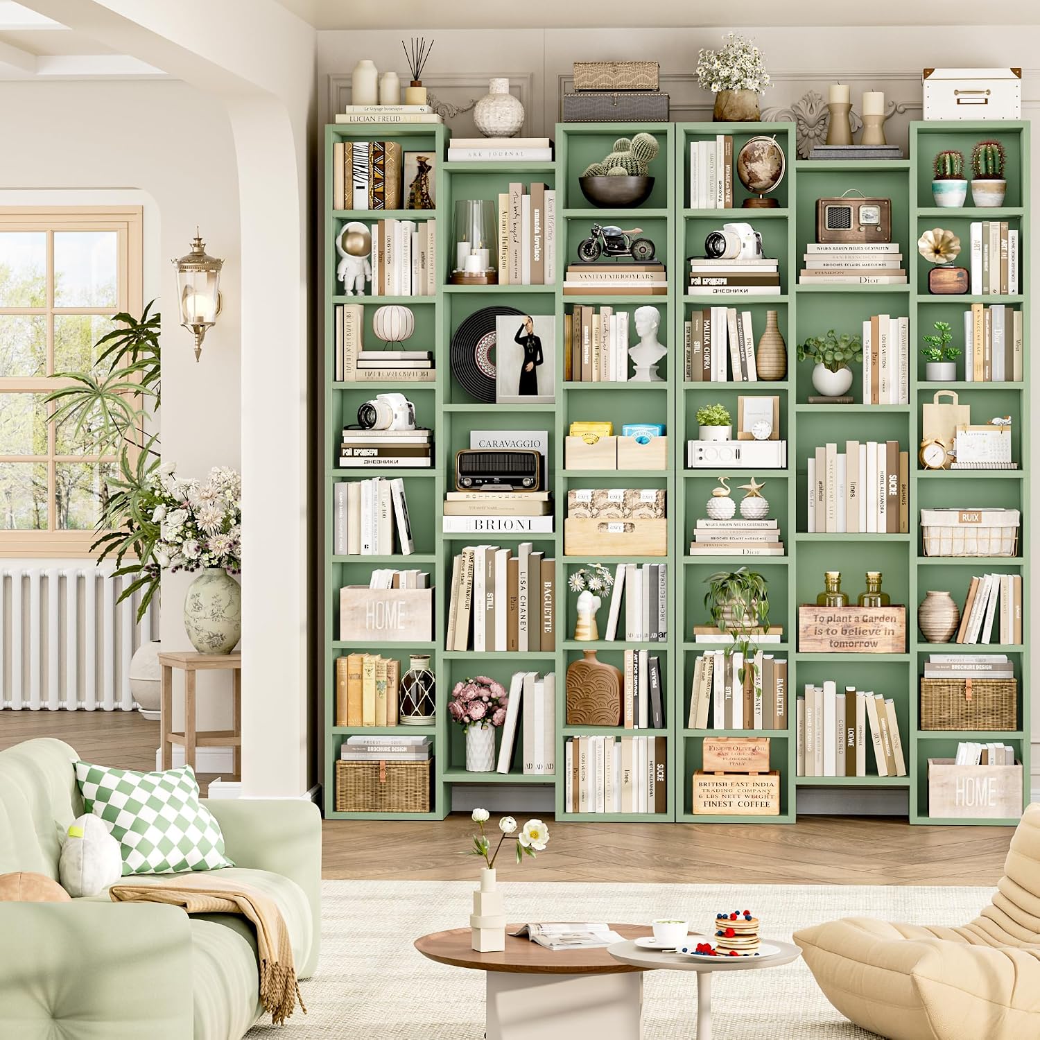 FOTOSOK 71'' Tall Bookshelf with 21 Cubes, 8 Tier Triple Wide Bookshelf with 8 Adjustable Shelves, 35' Large Bookcase DVD/CD Media Tower Storage, Freestanding Display Shelf Cabinet, Green
