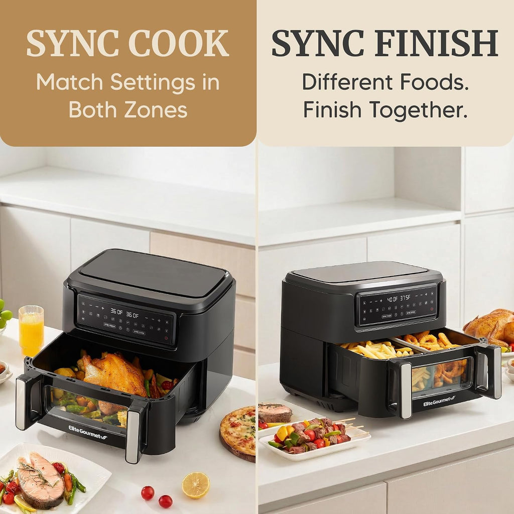 Elite Gourmet Dual Zone Air Fryer Oven 11QT, Dual Basket Air Fryer with Divider, Sync Finish & Sync Cook, PFAS Free Nonstick, 10 Presets, Air Fry Bake Roast Broil Toast Dehydrate, 1600W Black