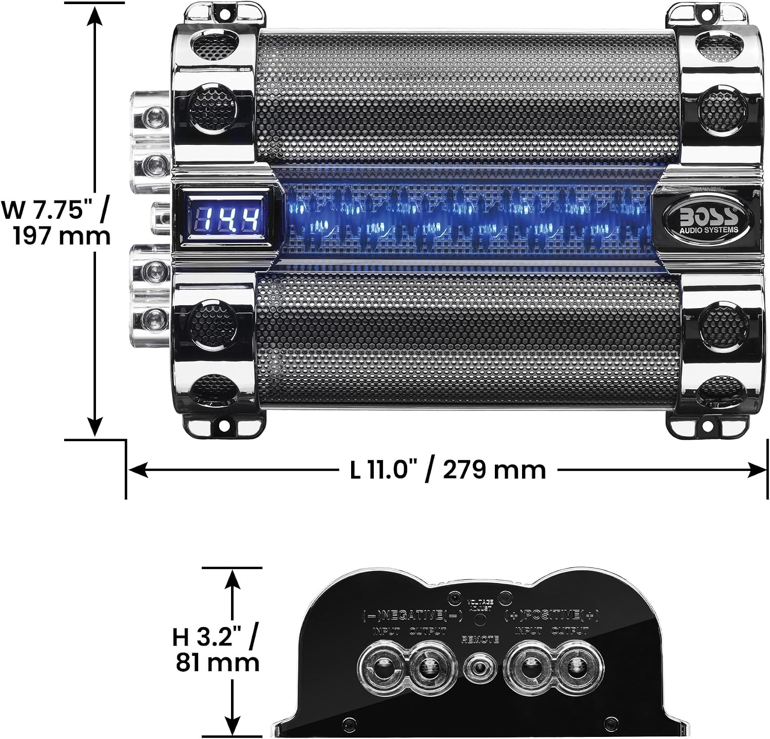 BOSS Audio Systems Cap18 - 18 Farad Car Capacitor For Energy Storage To Enhance Bass Demand From Audio System, Audible Warning Tone For Reverse Polarity, Voltage Overload Low Battery Voltage Led