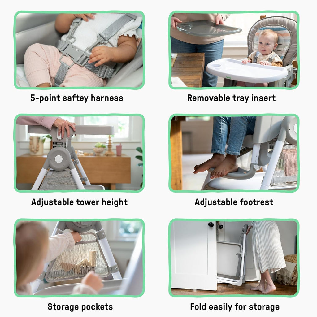 Ingenuity Proper Positioner Create Up Baby High Chair, 9 Modes of Use, Toddler Tower, Table and Chair, Foldable, Adjustable Footrest, 90 Degree Posture Aids Digestion, Ages 0-5 Years - Soulful Skies