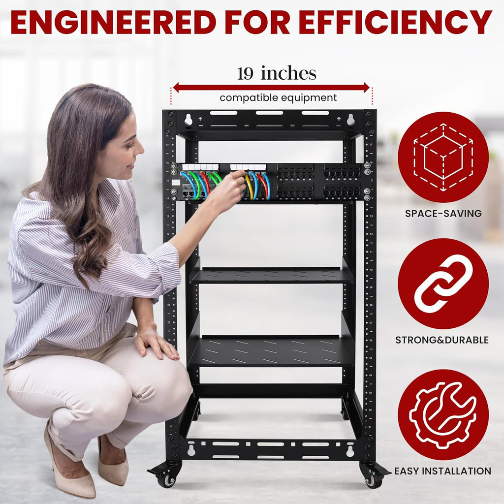 Pyle 20U Open Frame Server Rack - Wall Mount Network Rack for Servers, Networking & AV Gear - Heavy-Duty 19' Equipment, Includes 1U & 2U Vented Shelves for Airflow, Lockable Wheels - 440 lbs Capacity