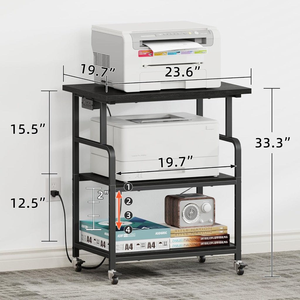 YAOHUOO 3 Tier Large Printer Stand with Power Outlet/Adjustable Storage Shelf, Rolling Cart with Wheels, Printer Table for Home Office 3D Printer/Heat Press/Laster, 23.6'×19.6' Black