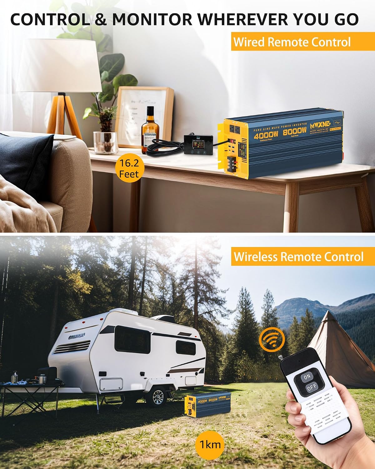 4000W Pure Sine Wave Power Inverter DC 12V to AC 110V 120V for Home RV with Dual AC Outlets 1 USB-C(60W) 3 USB-QC3.0 Fast Car Charger Adapter, LCD Display and Remote Control