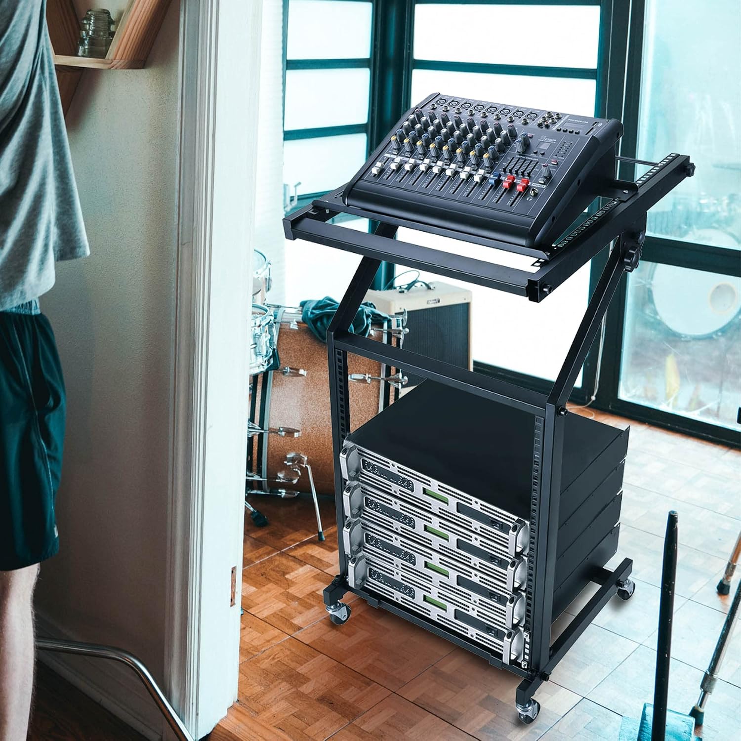 AW Adjustable Rack Mount Studio Equipment Rolling DJ Mixer Stand Stage Cart Music Party Show 12U