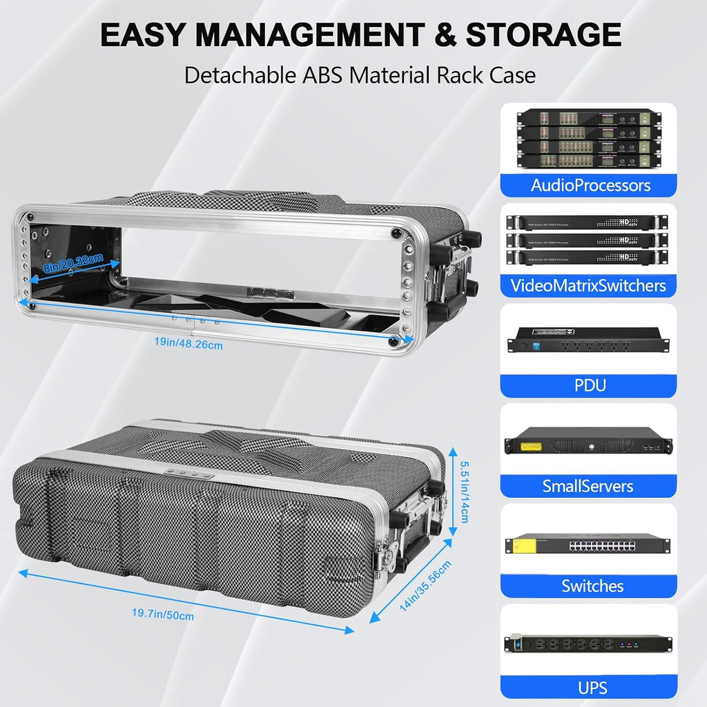 2U ABS Rack Case Shallow 8' Depth, 19' Rackmount Flight Road Travel Case, Waterproof Protective Hard Case with Customized Foam, Wireless Mic System Storage/Amp/Effect/DJ Mixer