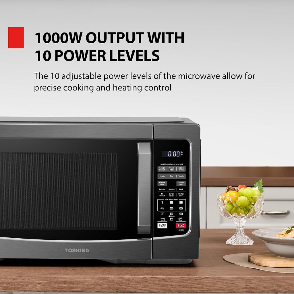 TOSHIBA EM131A5C-BS Countertop Microwave Ovens 1.2 Cu Ft, 12.4' Removable Turntable Smart Humidity Sensor 12 Auto Menus Mute Function ECO Mode Easy Clean Interior Black Color 1000W