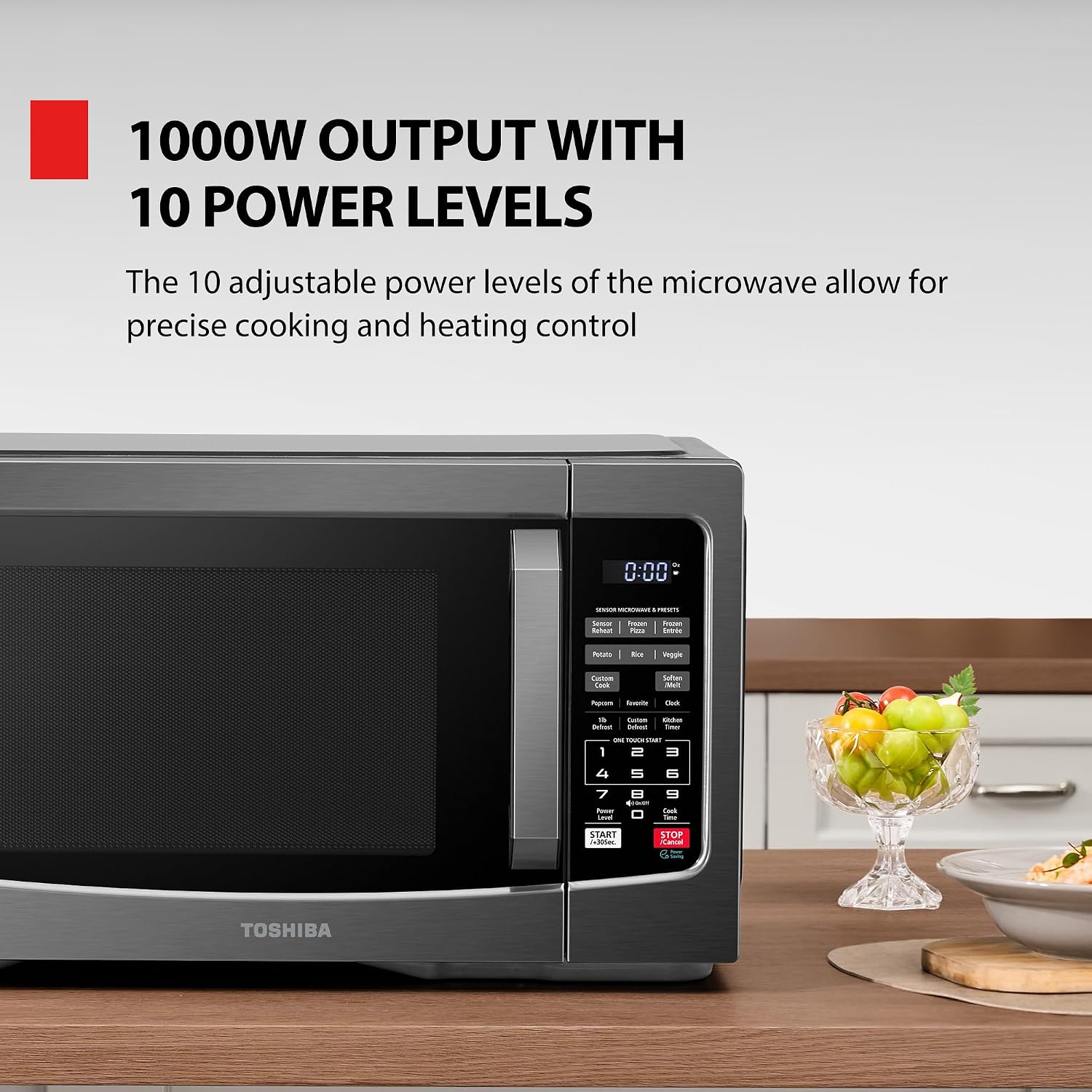 TOSHIBA EM131A5C-BS Countertop Microwave Ovens 1.2 Cu Ft, 12.4' Removable Turntable Smart Humidity Sensor 12 Auto Menus Mute Function ECO Mode Easy Clean Interior Black Color 1000W