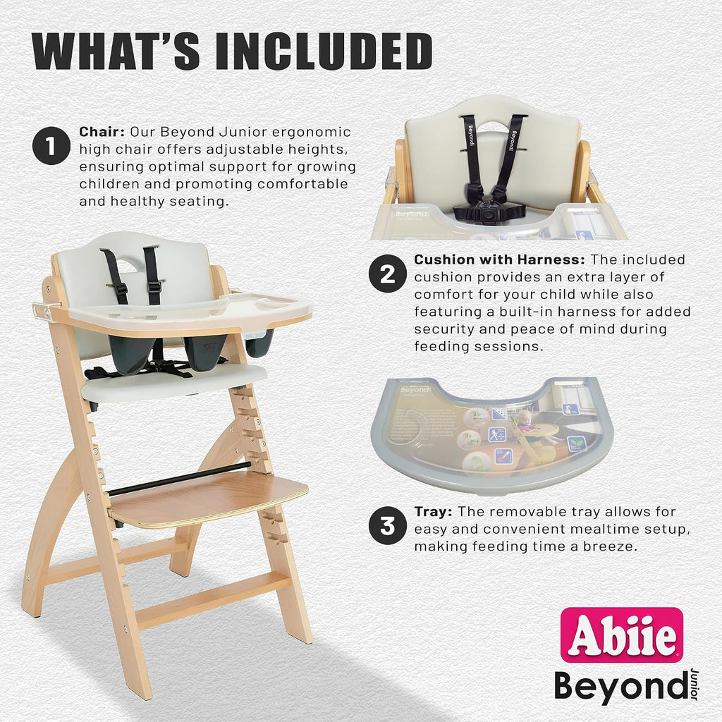 Abiie Beyond Junior Wooden High Chair for Babies and Toddlers - Convertible 3-in-1 Baby Highchair with Removable Tray - 6 Months to 250 Lb - Water Resistant - Natural Wood/Dove Grey Cushion