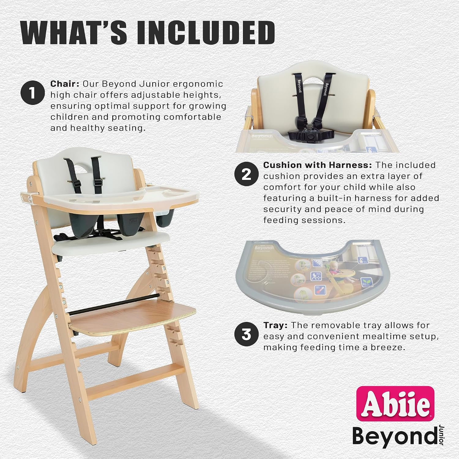 Abiie Beyond Junior Wooden High Chair for Babies and Toddlers - Convertible 3-in-1 Baby Highchair with Removable Tray - 6 Months to 250 Lb - Water Resistant - Natural Wood/Dove Grey Cushion